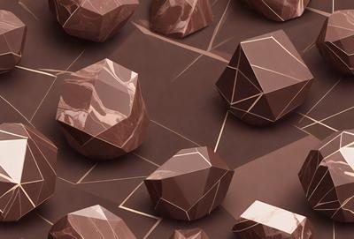 The primary subject of the image is a collection of chocolate-colored geometric shapes, which are arranged in a visually appealing manner. The setting is a brown surface, possibly a table or a wall, where the shapes are placed. The visual style of the image is a combination of photo and digital art, creating a unique and intriguing display. The dominant colors in the image are brown and black, giving the scene a rich and sophisticated atmosphere.