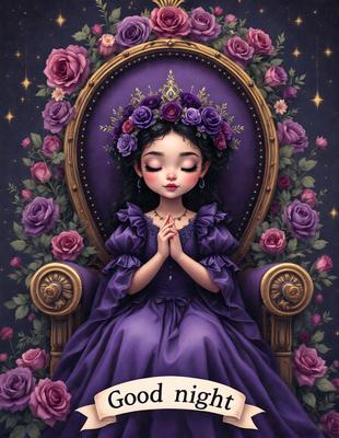 The primary subject of the image is a young girl wearing a purple dress and a crown. She is sitting on a chair and appears to be praying. The setting is a room with a chair and a bed in the background. The visual style is a digital art illustration, and the colors and mood are predominantly purple, creating a serene and peaceful atmosphere.