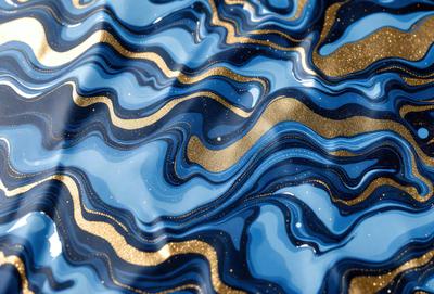 The primary subject of the image is a blue and gold swirling pattern, which appears to be a digital art or illustration. The setting is a blue and gold water surface, possibly a pool or a body of water. The visual style is a combination of digital art and illustration, creating a unique and eye-catching design. The colors and mood of the image are predominantly blue and gold, giving it a vibrant and lively atmosphere.