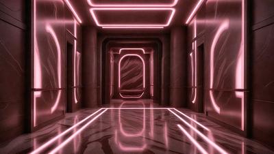 The primary subject of the image is a hallway with a pink lighting effect. The setting is a large building, and the visual style appears to be a combination of photo and digital art. The colors and mood of the image are predominantly pink, creating a warm and inviting atmosphere.