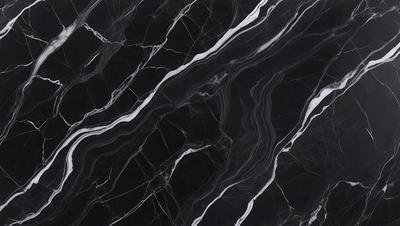 The primary subject of the image is a black and white marble pattern. The setting is a black background, and the visual style is a close-up of the marble pattern. The colors and mood of the image are predominantly black and white, giving it a classic and elegant appearance.