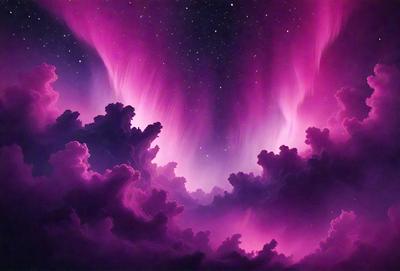 The primary subject of the image is a purple sky filled with clouds and a pink background. The setting is a night sky with a vibrant color scheme. The visual style is a digital art or illustration, creating a surreal and dreamy atmosphere. The colors and mood are predominantly purple and pink, giving the scene a sense of wonder and fantasy.