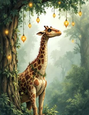 The primary subject of the image is a giraffe standing in a forest. The setting is a lush green forest with trees and lights hanging from them. The visual style is a digital art illustration, creating a vibrant and colorful scene. The colors and mood of the image are lively and serene, with the giraffe being the focal point of the scene.