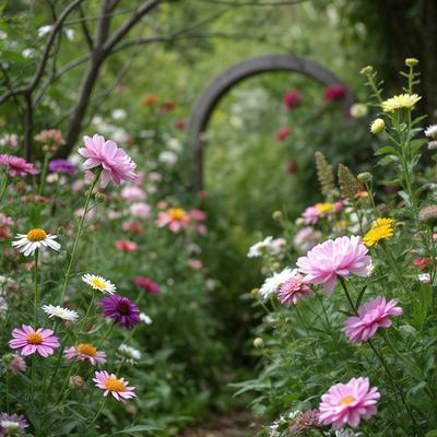 The primary subject of the image is a path surrounded by a variety of colorful flowers. The setting is a garden, with the flowers creating a vibrant and lively atmosphere. The visual style is a photo, capturing the beauty of the flowers and the path. The colors and mood are predominantly bright and cheerful, with the flowers adding a sense of warmth and natural beauty to the scene.