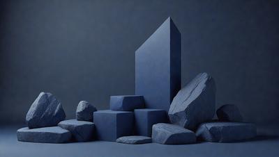 The primary subject of the image is a blue, three-sided structure, possibly a sculpture or a piece of art. The setting is a dark room, with the structure standing out against the background. The visual style appears to be a combination of digital art and illustration, creating a unique and intriguing atmosphere. The dominant colors are blue and black, giving the scene a moody and mysterious feel.