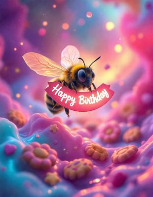 The primary subject of the image is a bee, which is the main focus of the scene. The bee is sitting on top of a pink and purple background, which creates a vibrant and colorful atmosphere. The visual style of the image is a combination of photo and digital art, as it appears to be a real bee with a pink and purple background. The colors and mood of the image are lively and cheerful, as the pink and purple hues evoke a sense of happiness