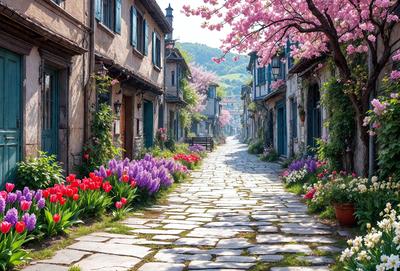 The primary subject of the image is a narrow alleyway lined with purple flowers and pink flowers. The setting is a quaint, old-world village with cobblestone streets. The visual style is a photo, capturing the beauty of the flowers and the charming atmosphere of the village. The colors and mood of the image are predominantly warm and inviting, with the purple and pink flowers adding a touch of elegance and charm to the scene.