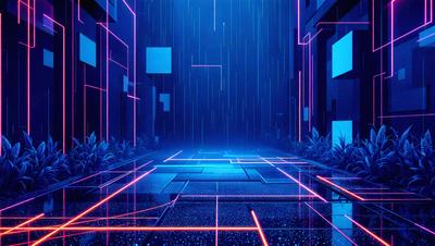 The primary subject of the image is a futuristic cityscape with a blue sky and a rain-soaked street. The setting is a city with tall buildings and a large building in the background. The visual style is a combination of digital art and illustration, creating a vibrant and colorful atmosphere. The dominant colors are blue and pink, giving the scene a unique and captivating appearance.