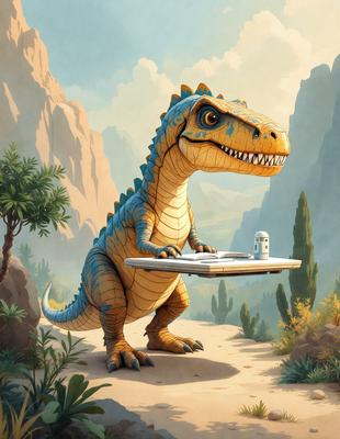 Primary subject: A large, blue, yellow, and orange dinosaur holding a tray with a book on it.

Setting/background: A desert landscape with mountains in the background.

Visual style: Digital art.

Colors and mood: The colors are vibrant and bold, creating a lively and energetic atmosphere.