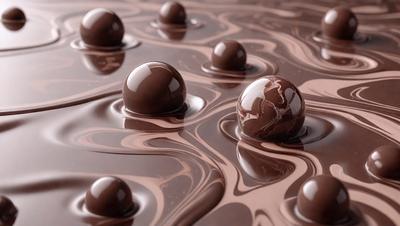 The primary subject of the image is a close-up of chocolate balls, which are the main objects in the scene. The setting is a chocolate-covered surface, possibly a chocolate cake or a chocolate-themed background. The visual style is a close-up of the chocolate balls, which gives the image a detailed and intimate appearance. The colors and mood of the image are predominantly brown and rich, creating a warm and indulgent atmosphere.
