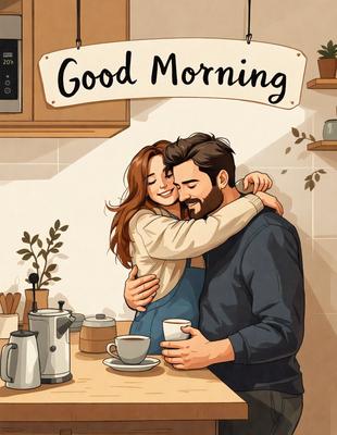 The image features a man and a woman standing close to each other, embracing each other. They are in a kitchen setting, with a microwave and a cup visible in the background. The scene is depicted in a cartoon-like style, giving it a playful and lighthearted atmosphere.