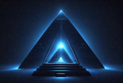 The primary subject of the image is a blue pyramid with a triangular shape. The setting is a dark, blue background, which creates a contrasting and dramatic effect. The visual style is a combination of digital art and illustration, giving the image a unique and artistic appearance. The dominant colors are blue and black, creating a sense of mystery and depth.