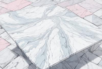 The primary subject of the image is a marble tabletop with a unique design. The tabletop features a pattern of blue and white marble, giving it a distinctive appearance. The setting is a room with a tiled floor, which complements the marble tabletop. The visual style of the image is a combination of photo and digital art, creating a realistic yet artistic representation of the marble tabletop. The colors and mood of the image are predominantly blue and white, giving it a clean and elegant feel
