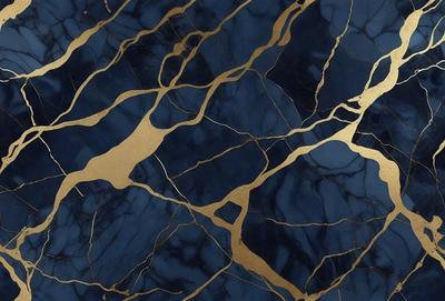 The primary subject of the image is a blue marble countertop with gold accents. The setting is a kitchen, and the visual style is a combination of photo and digital art. The dominant colors are blue and gold, creating a luxurious and elegant atmosphere.
