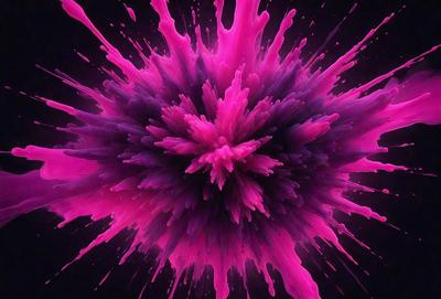 The primary subject of the image is a large, pink, purple, and white splash of paint, which appears to be a digital art or illustration. The setting is a dark background, which contrasts with the vibrant colors of the splash. The visual style is a mix of digital art and illustration, creating a unique and eye-catching image. The colors and mood of the image are predominantly pink and purple, giving it a lively and energetic atmosphere.