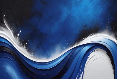 The primary subject of the image is a painting of a wave. The setting is a blue background, and the visual style appears to be a digital art or illustration. The dominant colors in the painting are blue and white, creating a serene and calming atmosphere.