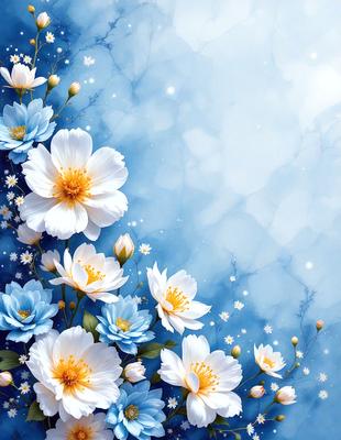 The primary subject of the image is a beautiful bouquet of white flowers, which are the main focus of the scene. The flowers are arranged in a vase, creating a visually appealing composition. The setting is a blue background, which adds a sense of depth and contrast to the image. The visual style is a combination of photo and digital art, resulting in a high-quality, detailed representation of the flowers. The colors and mood of the image are predominantly white and blue, giving it a serene and calming atmosphere