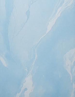 The primary subject of the image is a blue and white painting of a mountainous landscape. The setting is a mountainous area with a blue sky, and the visual style is a painting. The colors and mood of the painting are predominantly blue and white, creating a serene and calming atmosphere.