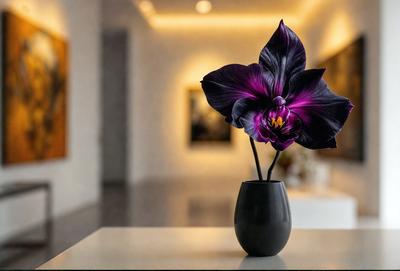 The primary subject of the image is a black vase filled with a purple flower. The vase is placed on a table, and the setting appears to be a room with a white wall. The visual style of the image is a photo, and the dominant colors are purple and black. The overall atmosphere of the image is elegant and sophisticated.