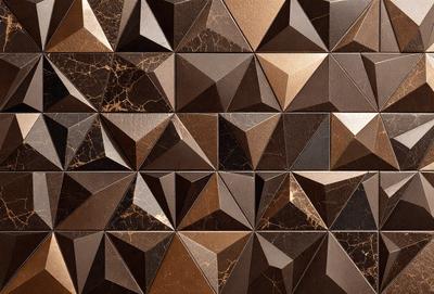 The primary subject of the image is a close-up of a marble wall with a pattern of triangles. The setting is a room with a brown and tan color scheme. The visual style is a combination of a photo and digital art, creating a unique and intricate design. The dominant colors are brown and tan, giving the wall a warm and natural appearance.