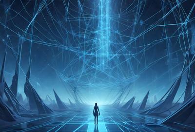 The primary subject of the image is a woman standing in a futuristic, blue-lit environment. She is positioned in the center of the scene, surrounded by a series of blue and white geometric shapes. The setting appears to be a futuristic cityscape, with the woman standing in the middle of a large, open space. The visual style of the image is digital art, with the woman and the geometric shapes appearing to be computer-generated. The colors and mood of the image are predominantly blue and white,
