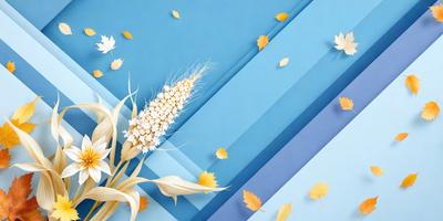The primary subject of the image is a corn plant with white flowers. The setting is a blue wall, and the visual style appears to be a digital art or illustration. The dominant colors are blue and white, creating a calm and serene atmosphere.
