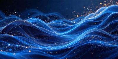 The primary subject of the image is a blue, swirling, and sparkling ocean wave. The setting is a dark blue background, which contrasts with the bright blue wave. The visual style is a digital art or illustration, creating a dynamic and captivating scene. The dominant colors are blue, with the sparkling effect adding a touch of white and possibly other colors. The overall atmosphere is one of movement, energy, and beauty.