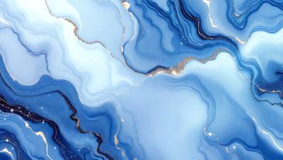 The primary subject of the image is a blue and white marbled pattern, which appears to be a piece of art or a decorative item. The setting is a white background, which provides a clean and minimalist look to the artwork. The visual style is a combination of digital art and illustration, as the marbled pattern is created using a digital medium. The dominant colors in the image are blue and white, giving the artwork a calm and serene atmosphere.