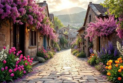 The primary subject of the image is a narrow alleyway lined with purple flowers and pink flowers. The setting is a quaint village with stone buildings and a mountain in the background. The visual style is a photo, capturing the beauty of the alley and the surrounding environment. The colors and mood of the image are predominantly warm and inviting, with the purple and pink flowers adding a touch of elegance and charm to the scene.