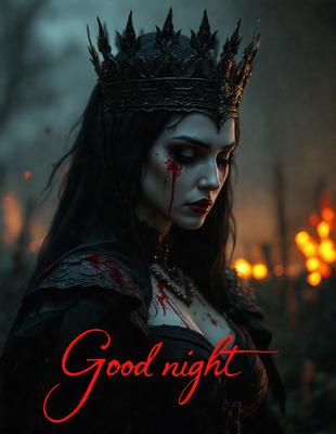 The primary subject of the image is a woman wearing a crown and a black dress. She is standing in front of a forest, with a bloody scene in the background. The visual style of the image is a digital art, and the colors and mood are dark and dramatic.