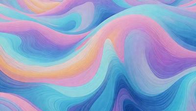 The primary subject of the image is a colorful, abstract painting featuring a blue and purple color scheme. The painting is a digital artwork, showcasing a unique visual style. The setting or background of the image is a wall, and the colors and mood convey a sense of calmness and tranquility.