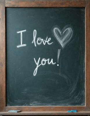 The primary subject of the image is a chalkboard with the words "I love you" written on it. The setting is a room with a wooden surface, and the visual style appears to be a handwritten message. The colors and mood of the image are warm and affectionate, as the message expresses love and affection towards someone.