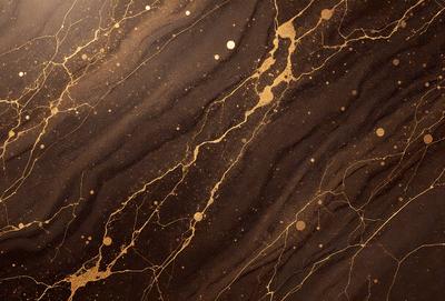 The primary subject of the image is a marble surface with a gold-like pattern. The setting is a room with a brown marble wall, and the visual style is a close-up of the marble pattern. The colors and mood of the image are warm and luxurious, with the gold-like pattern adding a touch of sophistication.