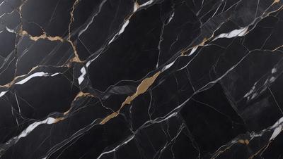 The primary subject of the image is a marble countertop with a black and gold pattern. The setting is a kitchen, and the visual style is a close-up of the countertop. The dominant colors are black and gold, creating a luxurious and elegant atmosphere.