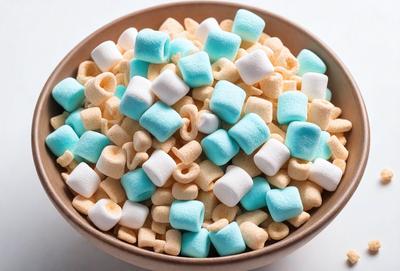 The primary subject of the image is a bowl filled with marshmallows. The marshmallows are white and blue, and they are arranged in a visually appealing manner. The setting is a table, and the visual style appears to be a photo. The colors and mood of the image are cheerful and inviting, as the marshmallows create a sense of fun and relaxation.