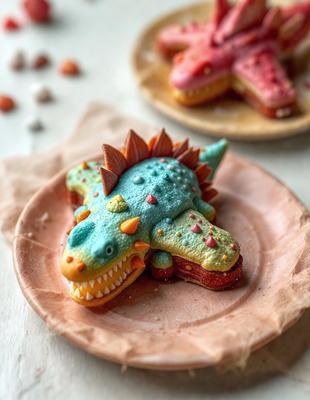 The primary subject of the image is a colorful, hand-painted dinosaur cookie. The cookie is placed on a plate, which is sitting on a dining table. The visual style of the image is a combination of photo and digital art, creating a unique and vibrant appearance. The dominant colors in the image are green, orange, and pink, giving the dinosaur cookie a lively and playful appearance.
