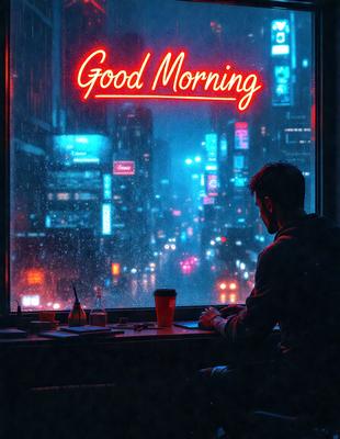 A man is sitting at a desk in a dimly lit room, looking out the window at a cityscape. The room is filled with various objects, including a cup, a bottle, a book, a cell phone, and a computer mouse. The man appears to be working or enjoying the view of the city at night. The overall atmosphere is calm and focused, with the man's attention drawn to the city lights outside.