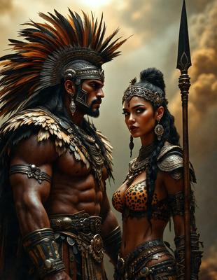 The image features a man and a woman standing next to each other. The woman is wearing a leopard print bikini, while the man is dressed in a warrior costume. They appear to be looking at each other, possibly engaging in a conversation or a moment of connection. The scene is set in a colorful environment, with the woman's bikini and the man's warrior costume adding vibrancy to the image. The overall atmosphere seems to be lively and engaging.