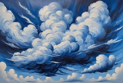 The primary subject of the image is a painting of a cloudy sky. The setting is a blue sky with clouds, and the visual style is an artistic representation of the clouds. The colors and mood of the painting are predominantly blue, creating a serene and calming atmosphere.