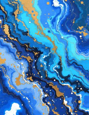 The primary subject of the image is a blue and gold painting featuring a swirling pattern. The setting is a blue background, and the visual style appears to be a digital art or illustration. The dominant colors are blue and gold, creating a sense of depth and richness in the painting.