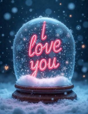 The primary subject of the image is a neon sign that reads "I Love You." The sign is placed on a snowy surface, which adds a wintry atmosphere to the scene. The visual style of the image is a combination of digital art and illustration, creating a unique and eye-catching display. The dominant colors in the image are red and white, which are used to create a warm and affectionate mood.