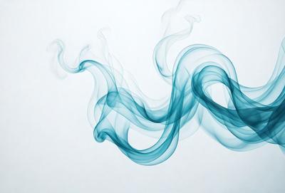 The primary subject of the image is a blue smoke or vapor trail, which appears to be a digital art or illustration. The setting is a white background, and the visual style gives the impression of a modern, artistic representation of smoke. The colors and mood of the image are predominantly blue, creating a sense of calmness and tranquility.