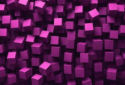 The primary subject of the image is a large purple wall filled with numerous square-shaped purple blocks. The setting is a dark room, and the visual style appears to be a digital art or illustration. The dominant colors are purple and black, creating a moody and dramatic atmosphere.