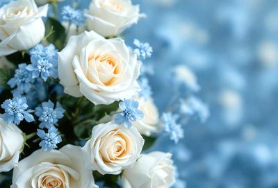 The primary subject of the image is a bouquet of white and blue flowers. The flowers are arranged in a vase, creating a beautiful and elegant display. The setting is a blue background, which complements the colors of the flowers and adds a sense of depth to the image. The visual style is a close-up of the flowers, allowing the viewer to appreciate the details and beauty of the bouquet. The colors and mood of the image are predominantly blue and white, creating a serene and calming atmosphere.