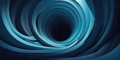 The primary subject of the image is a large, dark hole in the center of a blue, swirling vortex. The setting is a black background, which contrasts with the vibrant blue swirls. The visual style is a digital art or illustration, creating a sense of depth and movement. The colors and mood are predominantly dark and moody, with the blue swirls adding a touch of brightness and energy to the scene.