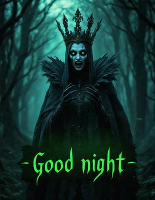 The primary subject of the image is a woman dressed in a costume, possibly as a witch or a character from a horror movie. She is standing in a forest, surrounded by trees. The setting appears to be a dark and eerie environment, which adds to the overall mood of the image. The visual style of the image is a digital art or illustration, as it is a well-crafted and detailed depiction of the woman in the costume. The colors in the image are predominantly dark and green, which