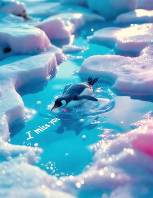 The primary subject of the image is a penguin swimming in a body of water. The setting is a frozen environment, with the penguin surrounded by ice and water. The visual style is a digital art, with the penguin and its surroundings depicted in a vibrant blue color. The overall atmosphere is calm and serene, as the penguin gracefully swims through the icy landscape.