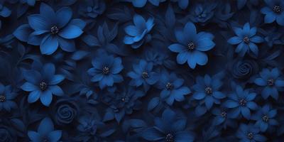 The primary subject of the image is a large blue flower. The setting is a dark blue background, which creates a striking contrast with the flower. The visual style is a close-up of the flower, emphasizing its details and beauty. The dominant colors are blue and black, giving the image a moody and dramatic atmosphere.