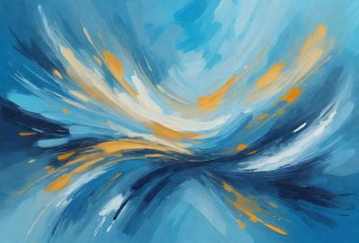 The primary subject of the image is a painting featuring a blue background with a yellow and orange swirl. The setting is a canvas, and the visual style is a painting. The dominant colors are blue, yellow, and orange, creating a vibrant and lively atmosphere.