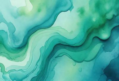 The primary subject of the image is a painting of a blue and green ocean scene. The setting is a water surface, and the visual style is a digital art or illustration. The dominant colors in the painting are blue and green, creating a serene and calming atmosphere.